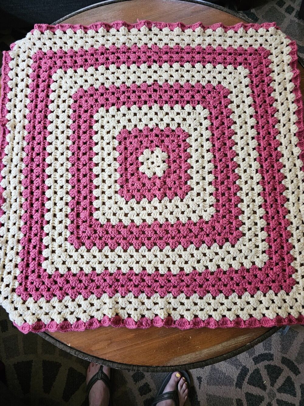 Vintage Crochet Handmade Afghan Lap Throw Blanket Pink/White 36x36 Baby Blanket